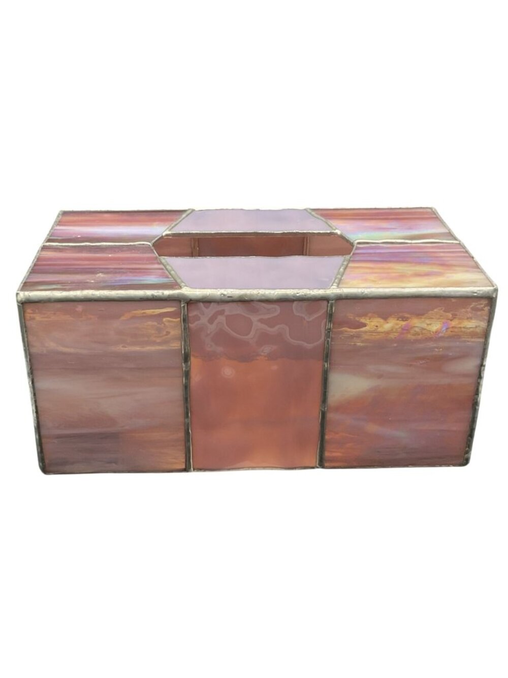 Vtg Large Leaded Stained Glass Tissue Box Holder Purple Pink Iridescent 10x4.5x5